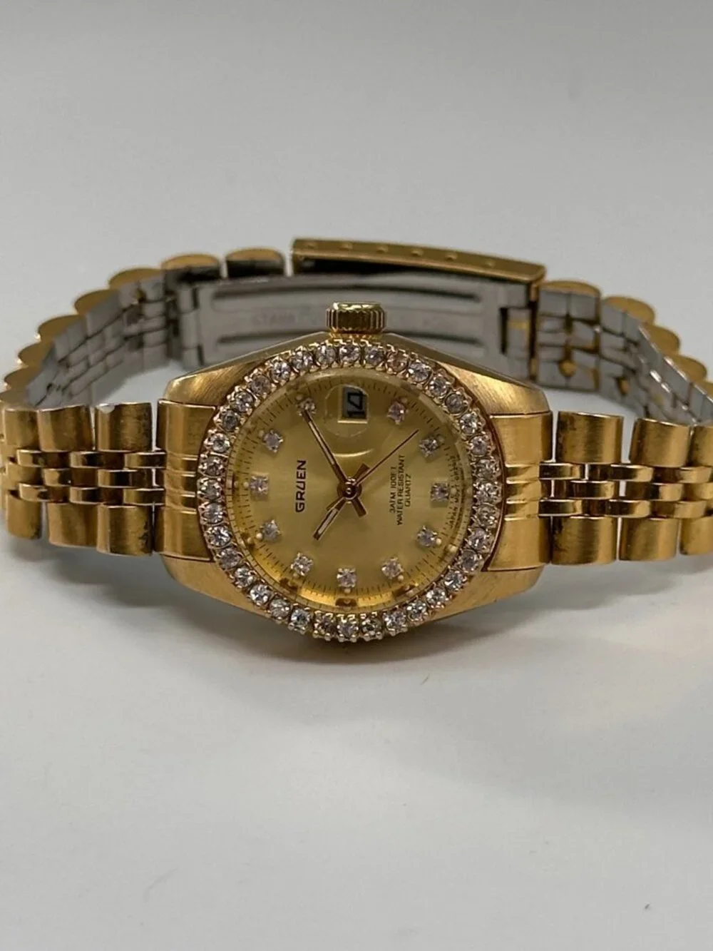 Gruen Watch Women Gold Tone Crystal Bezel Not Working Selling AS IS 7.25